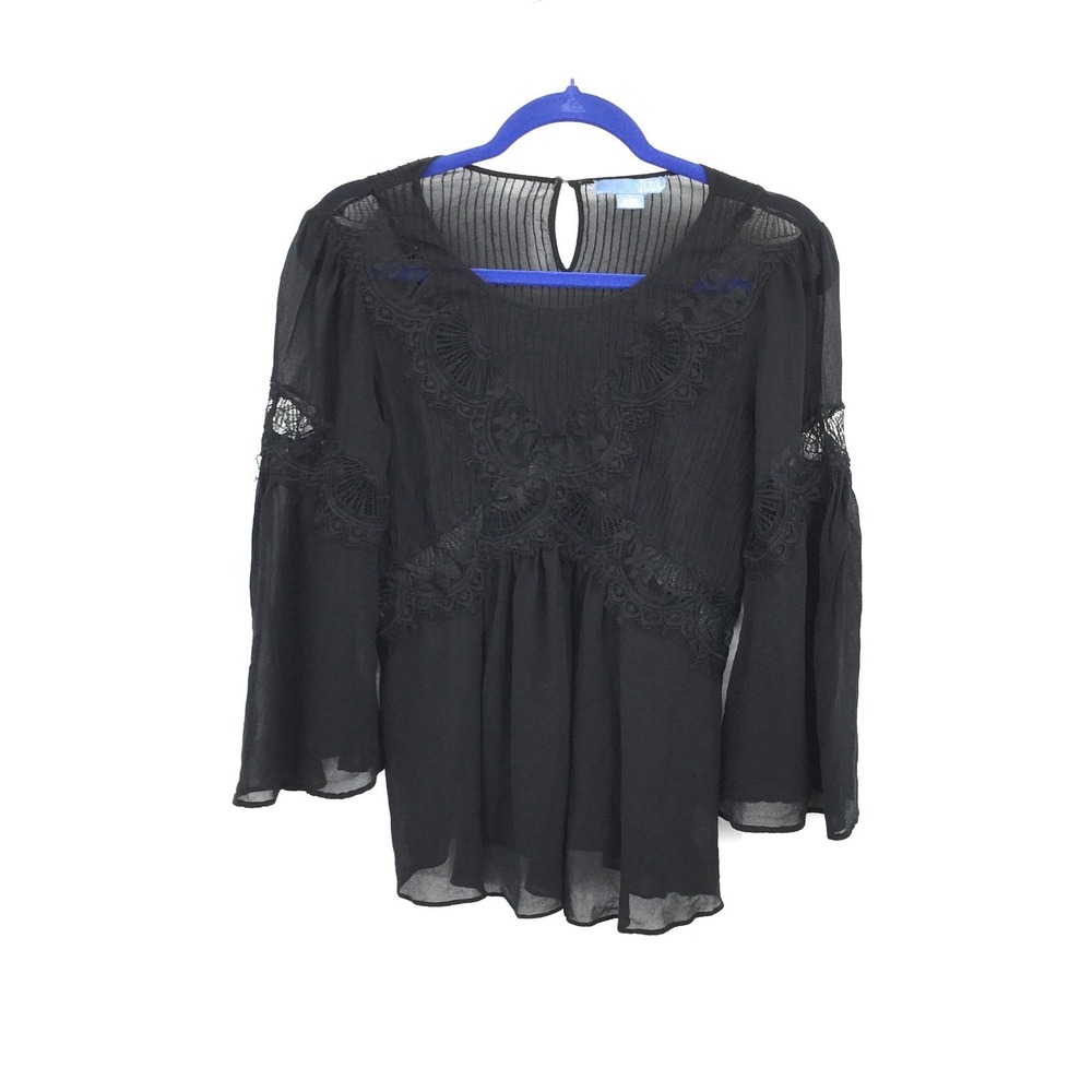 Anthropologie Lil‎ Dil Black Sheer Lace Whimsigoth boho bell sleeve top silk 4